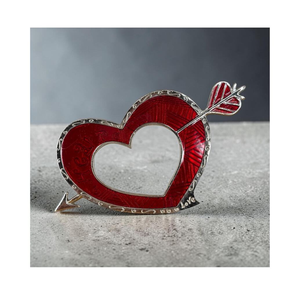 VTG heart shaped photo frame cupid arrow enamel red silver tone desktop love